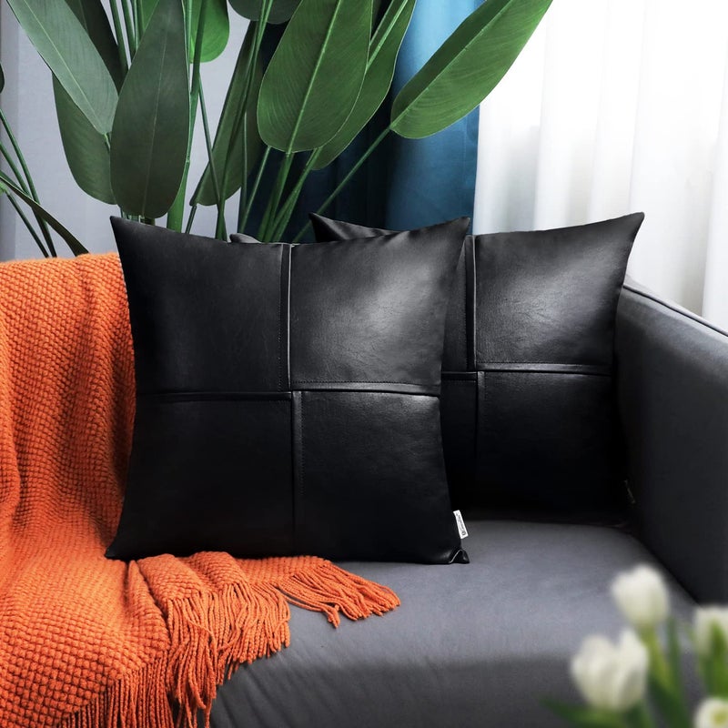 BRAWARM Faux Leather Throw Pillow Covers 18 X 18 Inches, Black Leather Pillow Covers Pack of 2, Hand Stitched Leather Decorative Throw Pillows for Couch Sofa Bed Living Room Home Garden - Image 2
